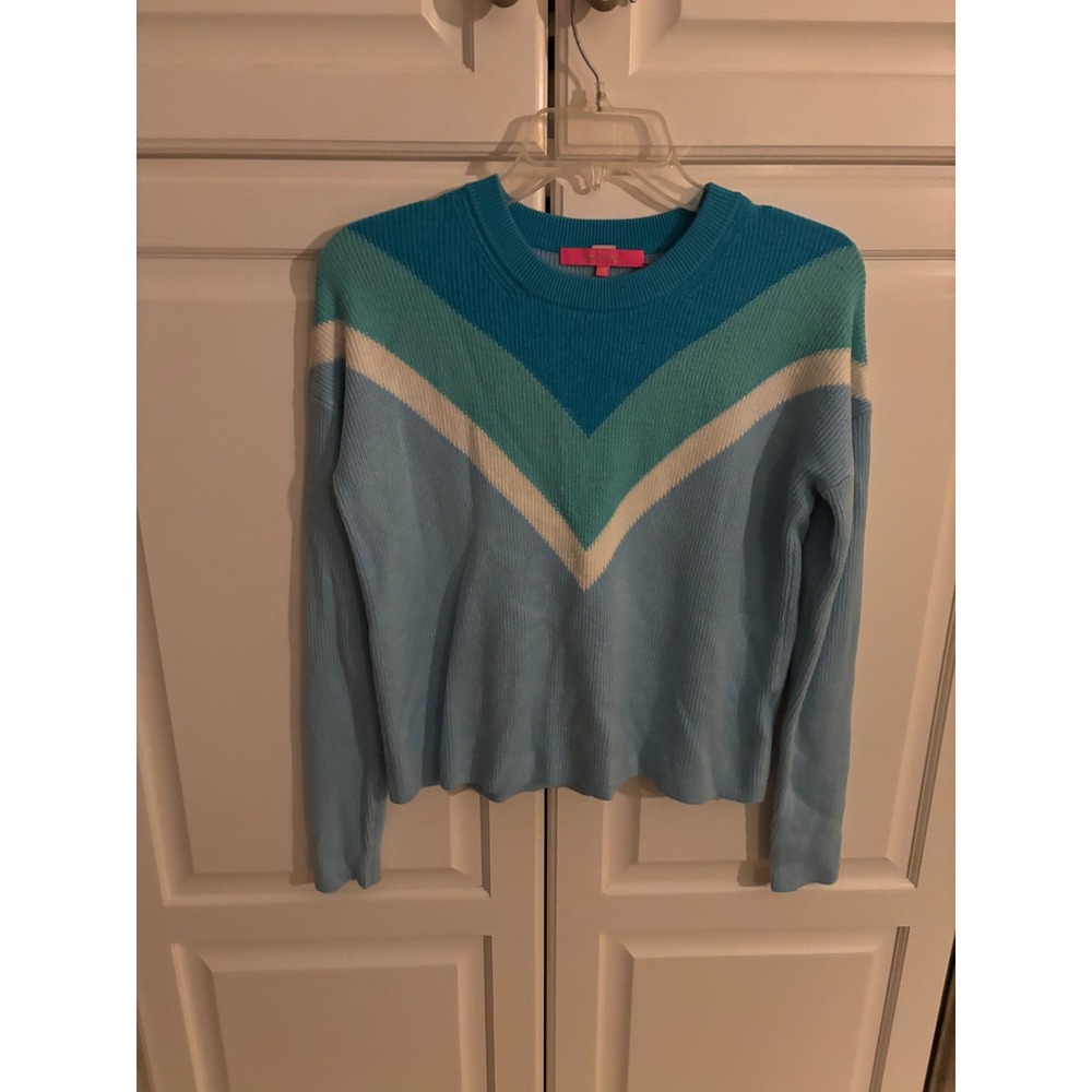 Lilly Pulitzer Womens XS Blue Colorblock Chevron Knit Crewneck Sweater Long Sl